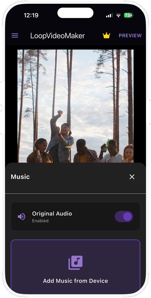 Music sheet with the Original Audio switch and Add Music from Device
