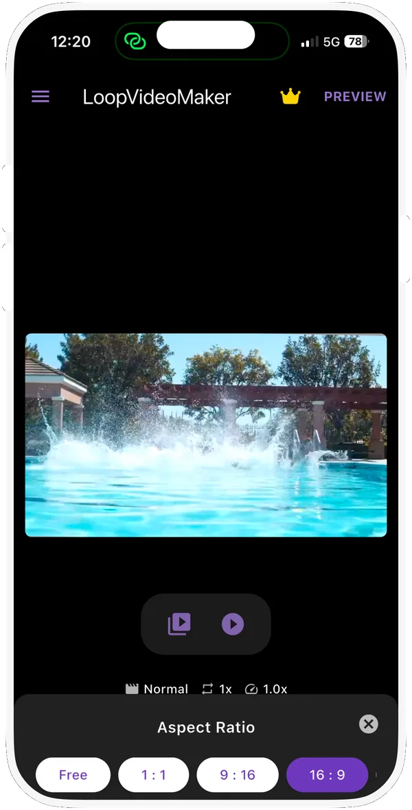 Aspect Ratio options Free, 1:1, 9:16 and 16:9 with 16:9 selected