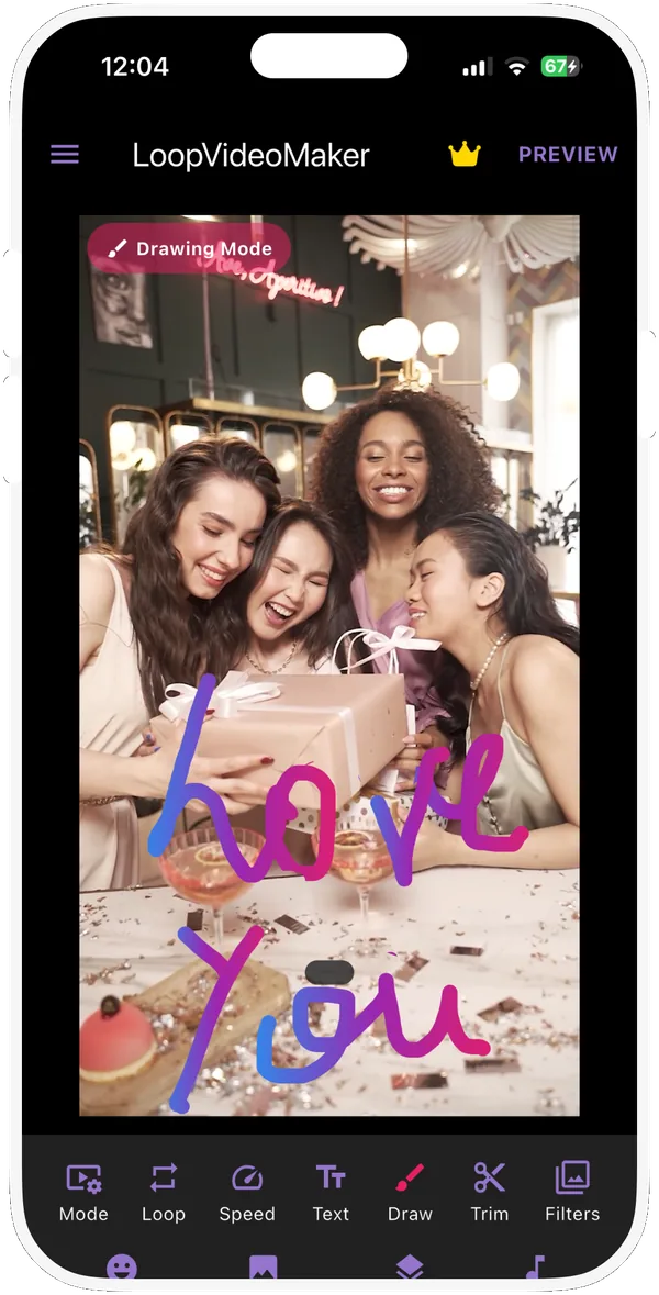 Drawing Mode with a hand drawn message on a video of four friends