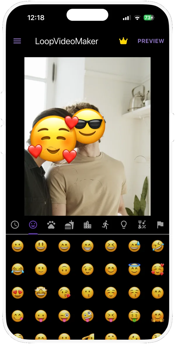 Emoji picker with emoji stickers placed over faces in a video