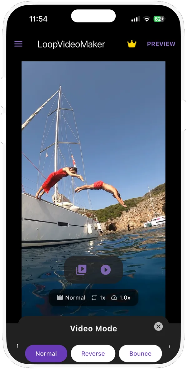 LoopVideoMaker Video Mode sheet with Normal, Reverse and Bounce over a clip of two people diving off a boat