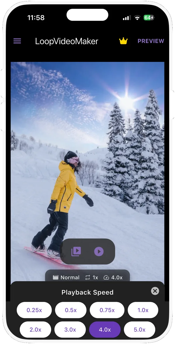 Playback Speed options from 0.25x to 5x over a snowboarding clip