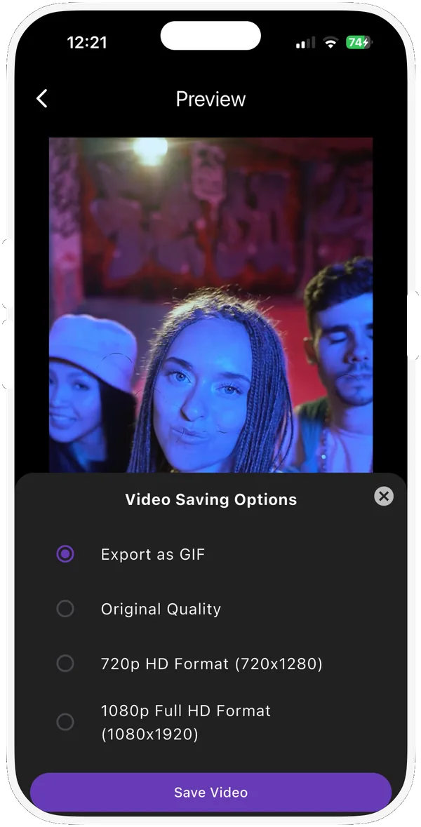 Video Saving Options with GIF, Original Quality, 720p HD and 1080p Full HD